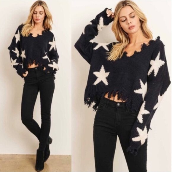 Polly & Esther Sweaters - Polly & Esther Women's Frayed Distressed Cropped Black/White Stars Size Medium